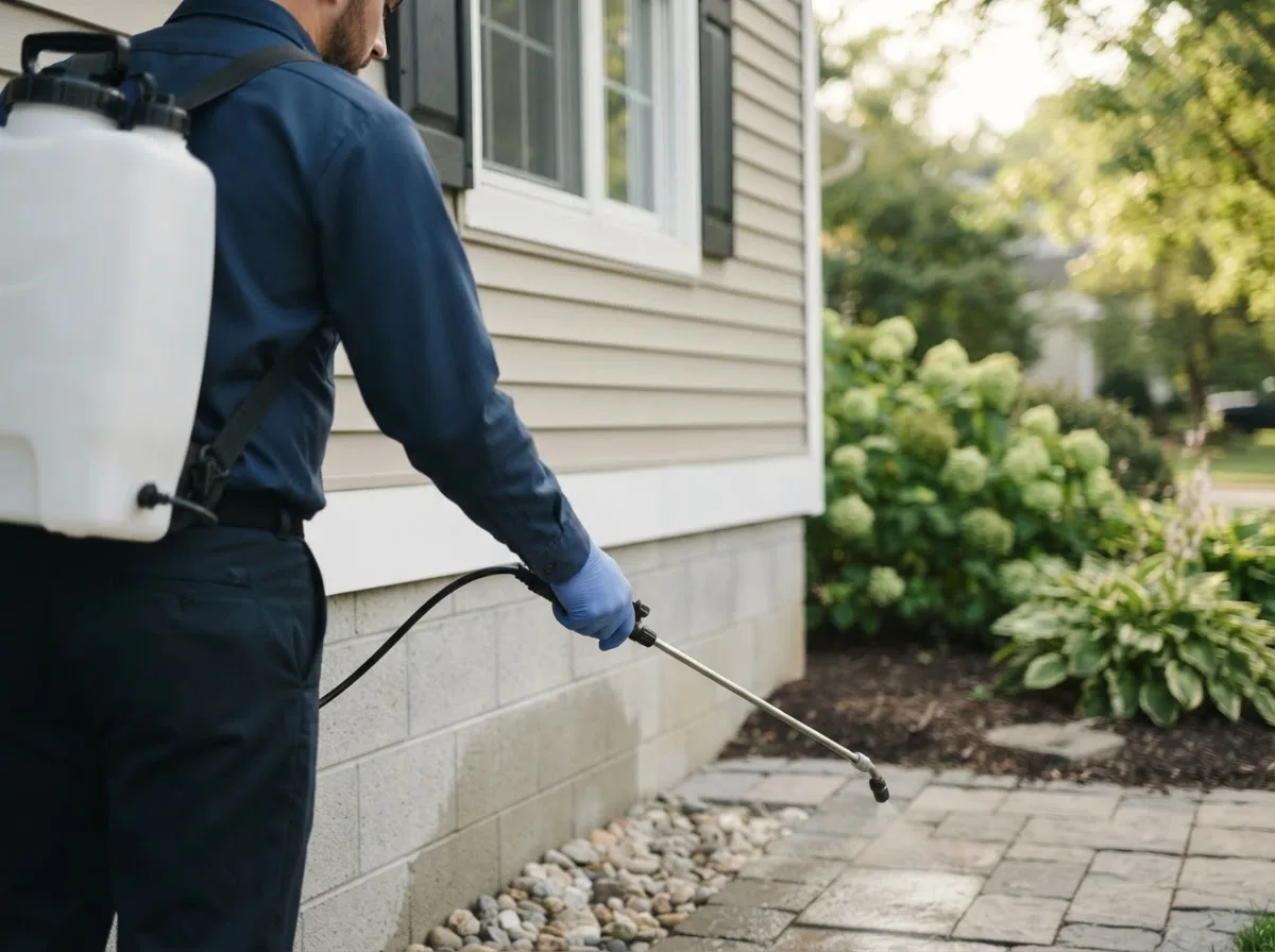 Pest control technician inspecting a home in Greenwood, FL